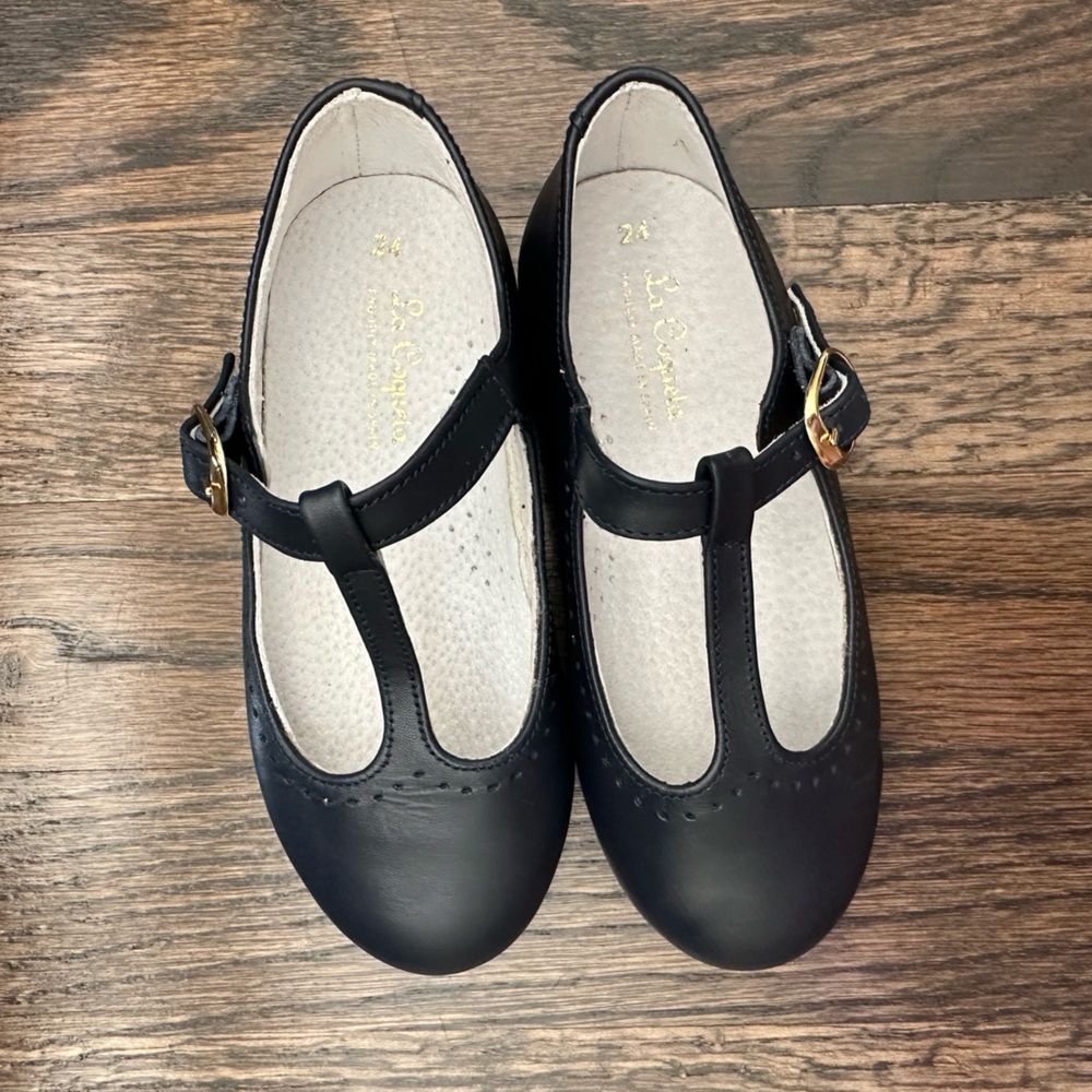 La Coqueta Navy Leather T-Bar Shoes size 24/US8